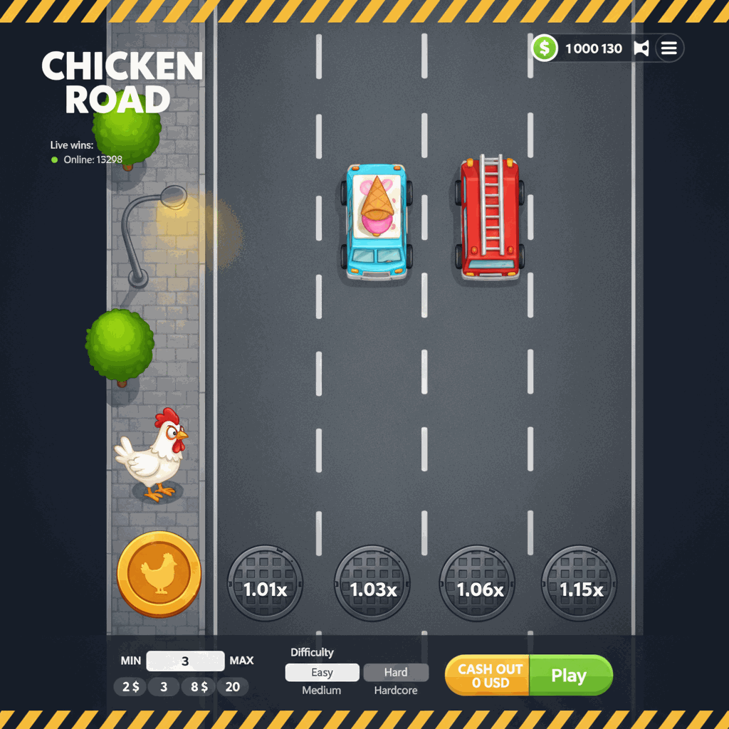 Chicken Road di InOut: schermata di gioco che mostra una gallina bianca cartoon che si prepara ad attraversare una strada a più corsie vista dall'alto, con moltiplicatori visibili su ogni corsia, interfaccia utente con saldo, ticker di vincite live e controlli di puntata nella parte inferiore, ambientazione urbana con marciapiede, lampione e alberi verdi sul lato sinistro